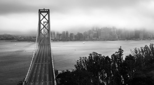 View of suspension bridge in city