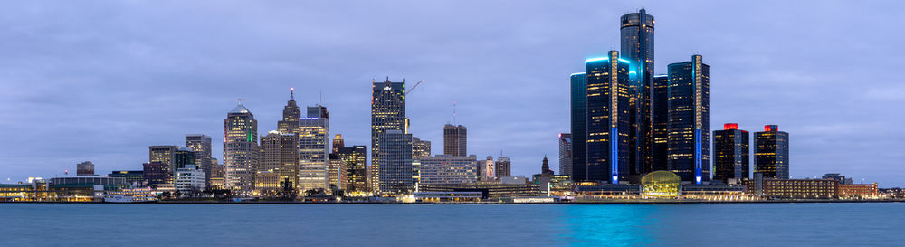 Detroit skyline at dusk viewed from windsor on.