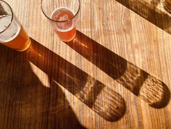 High angle view of beer glass on table