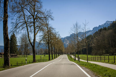 Empty road amidst bare trees against sky