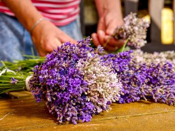 Girls hands are binding levander bunches in old farm. aromatic therapy