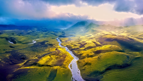 Panoramic view of the river in the mountains. nordic islands,greenland,faroer,iceland