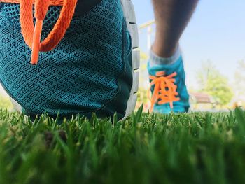 Low section of man on grassy field