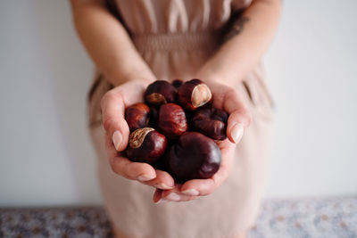 Midsection of woman holding chestnuts