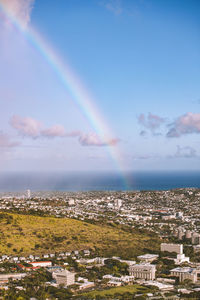 High angle view of rainbow over city against sky