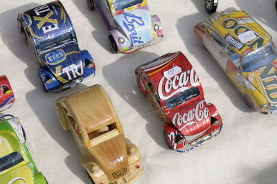 High angle view of toy car on table