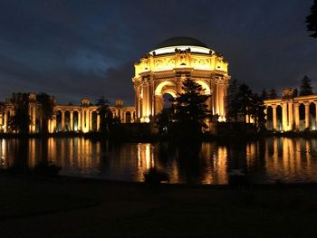 Reflection of illuminated building in water at night