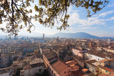 High angle view of buildings in city