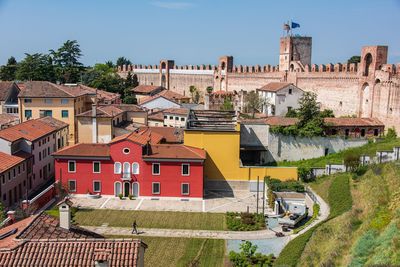 High angle view of buildings in town