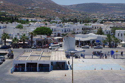 High angle view of town against mountains