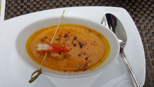 High angle view of soup in plate on table