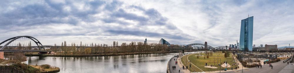 Panoramic view of ferris wheel against cloudy sky