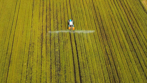 Aerial view tractor spraying the chemicals on the large green field.