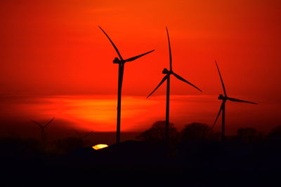 Silhouette windmills against sky during sunset