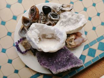 High angle view of dessert in plate on table