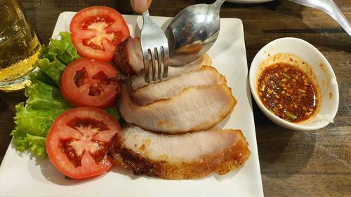 High angle view of meal served on table