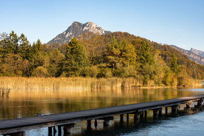 Scenic view of lake and mountains against clear sky