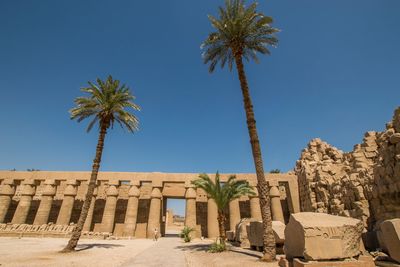 Low angle view of palm trees and old ruins against clear blue sky