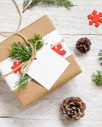 High angle view of christmas decoration on table