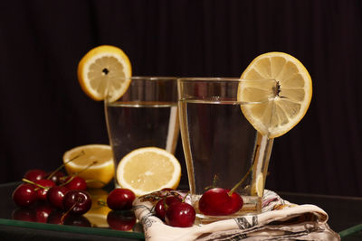 Close-up of fruits in glass on table