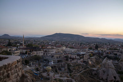 High angle view of townscape against sky during sunset