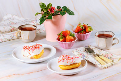 High angle view of breakfast on table