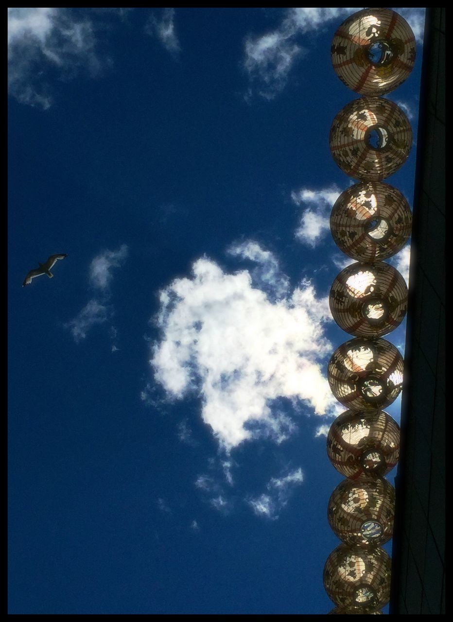 low angle view, sky, blue, transfer print, lighting equipment, built structure, hanging, cloud - sky, auto post production filter, decoration, architecture, ornate, no people, day, high section, cloud, indoors, design, religion