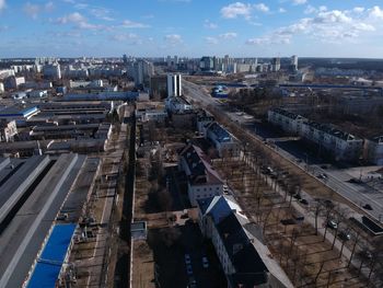 High angle view of buildings in city