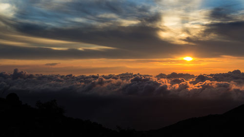 Scenic view of silhouette mountain against sky during sunset