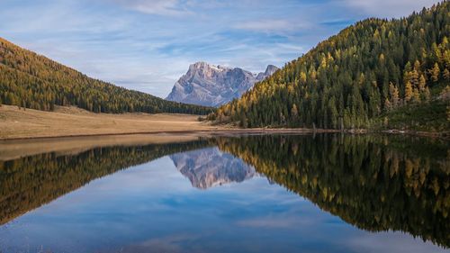 Scenic view of lake and mountains against sky