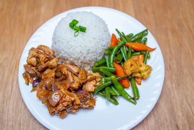 High angle view of food in plate on table