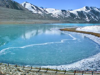 Scenic view of lake by snowcapped mountains against sky