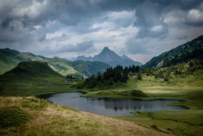 Scenic view of lake and mountains against sky