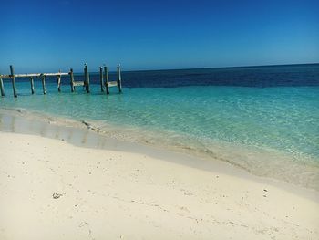 Scenic view of sea against clear blue sky