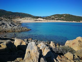 Scenic view of sea against clear blue sky