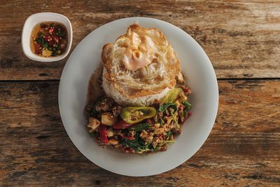 High angle view of food in plate on table