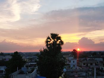 High angle view of townscape against sky during sunset