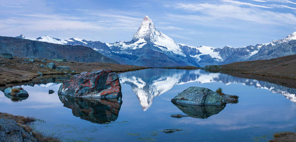 Reflection of mountain in lake against sky