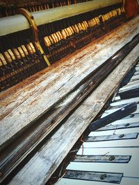 High angle view of old piano
