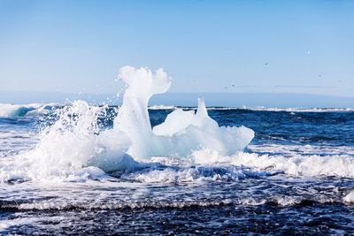 Waves splashing on iceberg in sea against clear sky