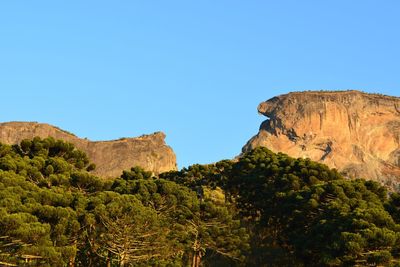 Low angle view of rock formation against clear blue sky