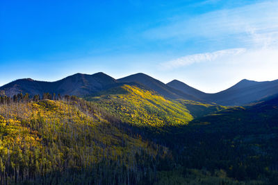 Scenic view of mountains against blue sky