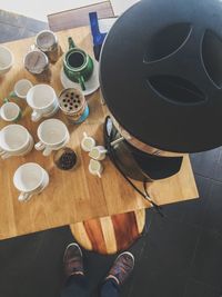 High angle view of people on table