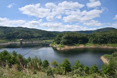 Scenic view of lake and mountains against sky