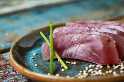 Close-up of sashimi on table
