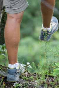 Low section of man walking in forest