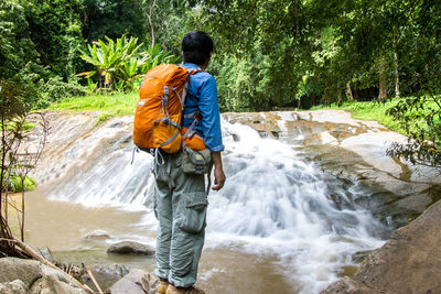 Rear view of man with waterfall against trees