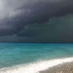 Scenic view of sea against storm clouds