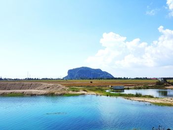 Scenic view of sea against blue sky