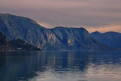 Scenic view of lake by mountains against sky